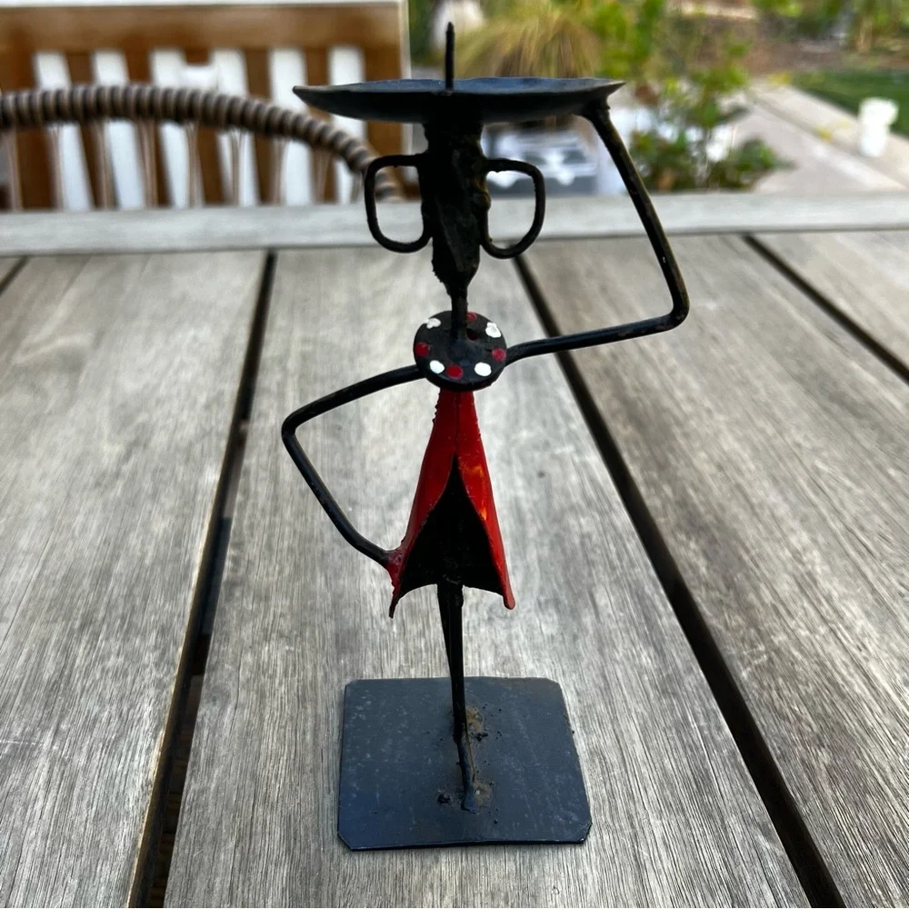 Unique African Wrought Iron Metal Candle Holder Women in Red Dress 7